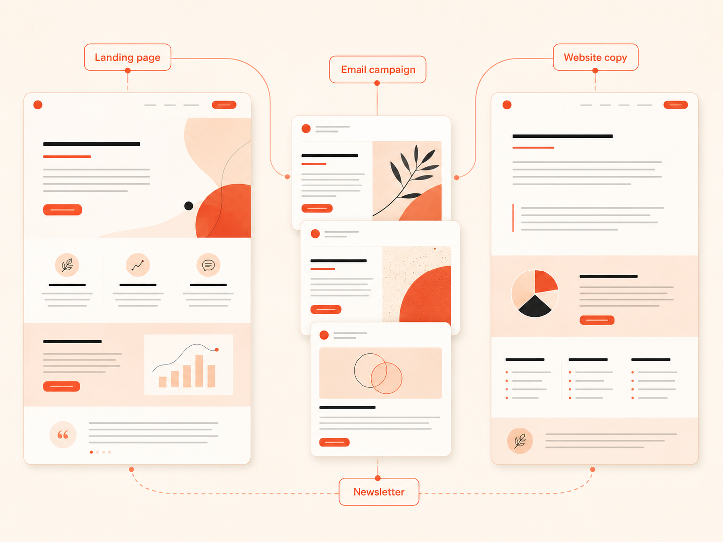 Connected marketing support showing a landing page, email campaign, newsletter and website copy